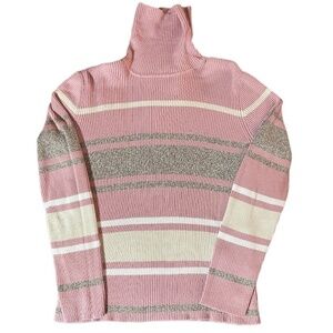 Liz and Co Sweater Women's Ribbed Turtleneck Dusty Rose Cream Tan Y2K Size L